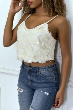 Crop Top Blanc Ecru En Sequins -Promos Raffinoux Boutique crop top blanc ecru en sequins 2