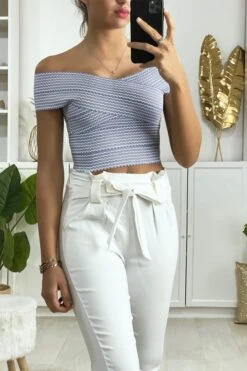 Crop Top Bleu Col Bateau Croisé Au Buste -Promos Raffinoux Boutique crop top bleu col bateau croise au buste 2