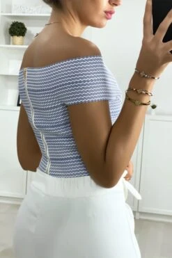 Crop Top Bleu Col Bateau Croisé Au Buste -Promos Raffinoux Boutique crop top bleu col bateau croise au buste 3