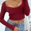 Crop Top Bordeaux Côtelé à Col Décolleté En Forme De Coeur