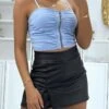 Crop Top Bustier Bleu à Fermeture éclair Style Rock Et Petit Anneau Argenté