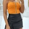 Crop Top Bustier Orange à Fermeture éclair Style Rock Et Petit Anneau Argenté