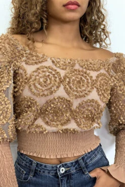 Crop Top Camel Manches Longues à Froufrous -Promos Raffinoux Boutique crop top camel manches longues a froufrous 2