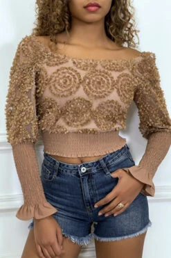 Crop Top Camel Manches Longues à Froufrous -Promos Raffinoux Boutique crop top camel manches longues a froufrous 3