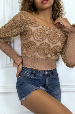 Crop Top Camel Manches Longues à Froufrous -Promos Raffinoux Boutique crop top camel manches longues a froufrous 5