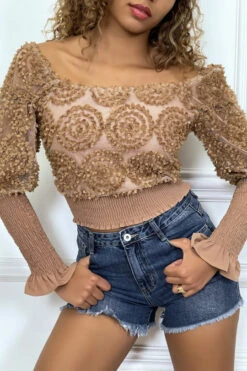 Crop Top Camel Manches Longues à Froufrous -Promos Raffinoux Boutique crop top camel manches longues a froufrous 7