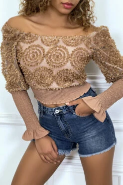 Crop Top Camel Manches Longues à Froufrous -Promos Raffinoux Boutique crop top camel manches longues a froufrous 8