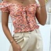 Crop Top Col Bateau Motif Fleuris Orange Avec Noeud