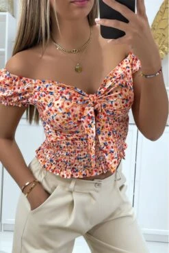 Crop Top Col Bateau Motif Fleuris Orange Avec Noeud -Promos Raffinoux Boutique crop top col bateau motif fleuris orange avec noeud 2