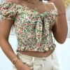 Crop Top Col Bateau Motif Fleuris Vert Avec Noeud