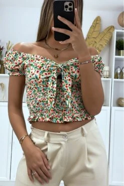 Crop Top Col Bateau Motif Fleuris Vert Avec Noeud -Promos Raffinoux Boutique crop top col bateau motif fleuris vert avec noeud 2