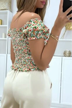 Crop Top Col Bateau Motif Fleuris Vert Avec Noeud -Promos Raffinoux Boutique crop top col bateau motif fleuris vert avec noeud 3