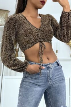 Crop Top Dorée Manches Longues à Motif Leopard Pailleté -Promos Raffinoux Boutique crop top doree manches longues a motif leopard paillete 1