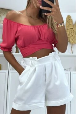 Crop Top Fuchsia à Col Bardot Croisée Sous La Poitrine Et Se Noue Au Dos -Promos Raffinoux Boutique crop top fuchsia a col bardot croisee sous la poitrine et se noue au dos 2