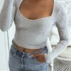 Crop Top Gris Côtelé à Col Décolleté En Forme De Coeur