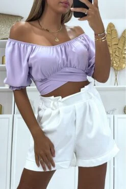 Crop Top Lilas à Col Bardot Croisée Sous La Poitrine Et Se Noue Au Dos -Promos Raffinoux Boutique crop top lilas a col bardot croisee sous la poitrine et se noue au dos 1