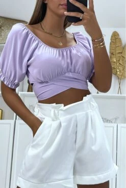 Crop Top Lilas à Col Bardot Croisée Sous La Poitrine Et Se Noue Au Dos -Promos Raffinoux Boutique crop top lilas a col bardot croisee sous la poitrine et se noue au dos 2
