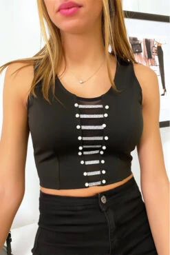 Crop Top Noir Avec Perles Et Détails -Promos Raffinoux Boutique crop top noir avec perles et details 3