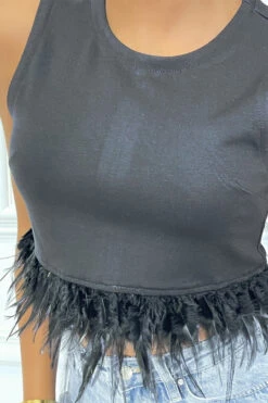 Crop Top Noir Avec Plumes Sans Manches à Col Rond -Promos Raffinoux Boutique crop top noir avec plumes sans manches a col rond 1
