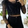 Crop Top Noir En Dentelle Avec Volant Au Buste