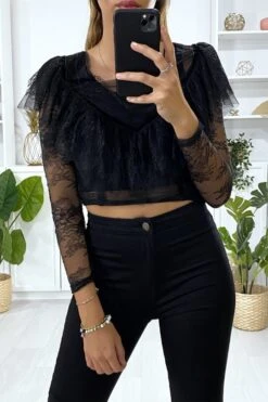 Crop Top Noir En Dentelle Avec Volant Au Buste -Promos Raffinoux Boutique crop top noir en dentelle avec volant au buste 3