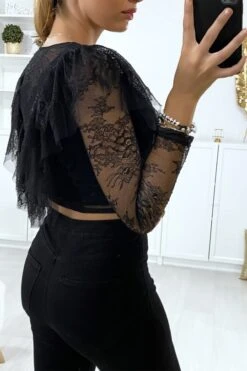 Crop Top Noir En Dentelle Avec Volant Au Buste -Promos Raffinoux Boutique crop top noir en dentelle avec volant au buste 4