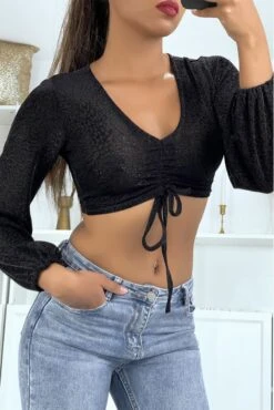 Crop Top Noir Manches Longues à Motif Leopard Pailleté -Promos Raffinoux Boutique crop top noir manches longues a motif leopard paillete 1