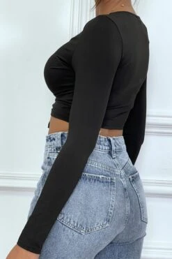 Crop Top Réglable Noir à Manches Longues -Promos Raffinoux Boutique crop top reglable noir a manches longues 3