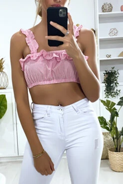 Crop Top Rose à Carreaux Avec Froufrou -Promos Raffinoux Boutique crop top rose a carreaux avec froufrou 2