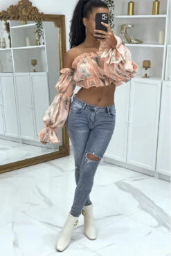 Crop Top Rose à Manches Longues Fleuri -Promos Raffinoux Boutique crop top rose a manches longues fleuri 2