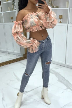 Crop Top Rose à Manches Longues Fleuri -Promos Raffinoux Boutique crop top rose a manches longues fleuri 3