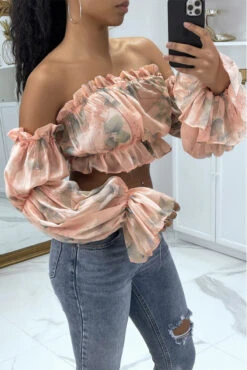 Crop Top Rose à Manches Longues Fleuri -Promos Raffinoux Boutique crop top rose a manches longues fleuri 4