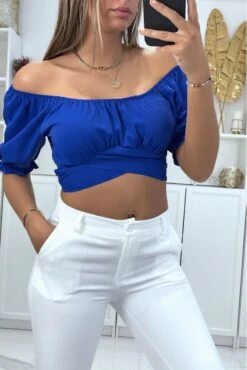 Crop Top Royal à Col Bardot Croisée Sous La Poitrine Et Se Noue Au Dos -Promos Raffinoux Boutique crop top royal a col bardot croisee sous la poitrine et se noue au dos 1