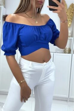 Crop Top Royal à Col Bardot Croisée Sous La Poitrine Et Se Noue Au Dos -Promos Raffinoux Boutique crop top royal a col bardot croisee sous la poitrine et se noue au dos 2