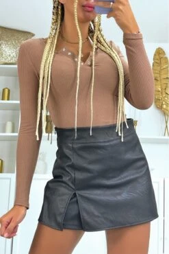 Crop Top Taupe Côtelé à Col V à Pression Fantaisie