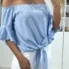 Crop Top Turquoise Col Bateau Avec Noeud Et Volant Aux épaules