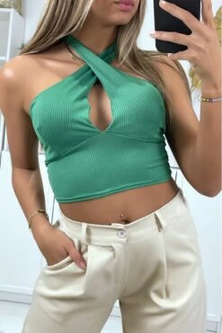 Crop Top Vert Matière Côtelé Avec Noeud Au Col -Promos Raffinoux Boutique crop top vert matiere cotele avec noeud au col 1