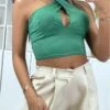 Crop Top Vert Matière Côtelé Avec Noeud Au Col