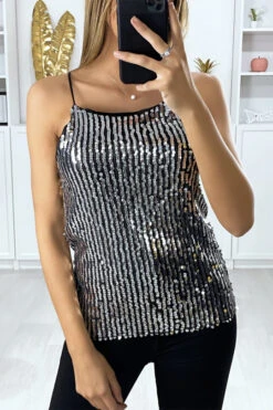 Débardeur Argenté Et Pailleté Avec Fine Bretelles