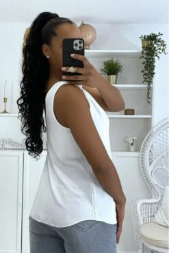 Débardeur Blanc à Bretelles En Noeud Fluide Et Doublé -Promos Raffinoux Boutique debardeur blanc a bretelles en noeud fluide et double 1