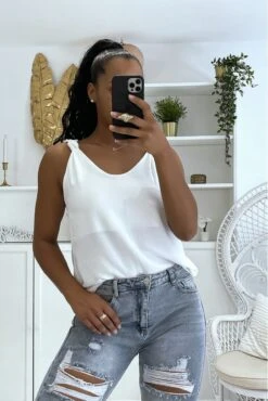Débardeur Blanc à Bretelles En Noeud Fluide Et Doublé -Promos Raffinoux Boutique debardeur blanc a bretelles en noeud fluide et double 2