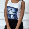 Débardeur Blanc à Imprimé Bleu Chauve Souris