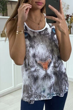 Debardeur Blanc A Imprimé Tigre En Sequins -Promos Raffinoux Boutique debardeur blanc a imprime tigre en sequins 2