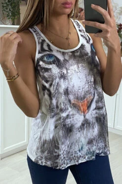 Debardeur Blanc A Imprimé Tigre En Sequins -Promos Raffinoux Boutique debardeur blanc a imprime tigre en sequins 3