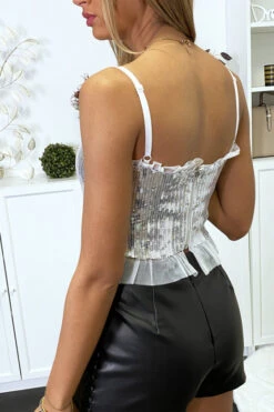 Débardeur Blanc Pailleté Avec Volant En Tulle -Promos Raffinoux Boutique debardeur blanc paillete avec volant en tulle 2