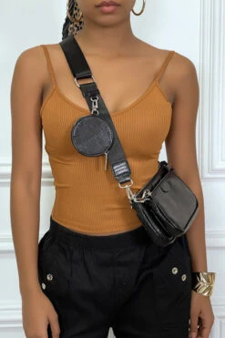 Débardeur Cognac Côtelé à Bretelle -Promos Raffinoux Boutique debardeur cognac cotele a bretelle 3