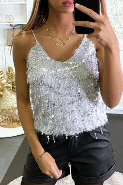 Débardeur Duveteux Gris à Poile Long Et Scintillant