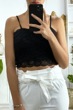 Débardeur Noir En Dentelle Doublé Avec Bretelle Amovible -Promos Raffinoux Boutique debardeur noir en dentelle double avec bretelle amovible 3