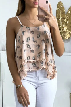Débardeur Rose à Volant Avec Motif Et Mini Pompon -Promos Raffinoux Boutique debardeur rose a volant avec motif et mini pompon 1