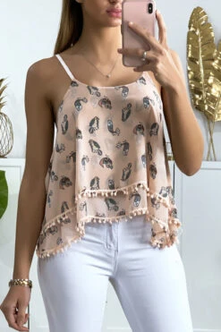 Débardeur Rose à Volant Avec Motif Et Mini Pompon -Promos Raffinoux Boutique debardeur rose a volant avec motif et mini pompon 2